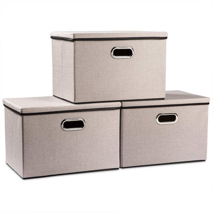 PRANDOM Large Collapsible Storage Bins with Lids [3-Pack] Linen/Cotton Blend Foldable Storage Boxes Organizer Containers Baskets Cube with Cover for Home Bedroom Closet Office Nursery(17.7x11.8x11.8)