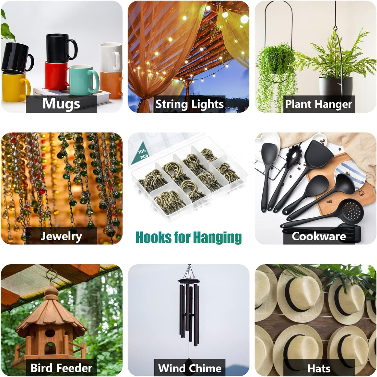 EIENHOSHI 105 Pcs Screw Hooks, 6 Sizes Bronze Cup Hooks, Screw Hooks for Hanging, Metal Cup Hooks Screw in (1/2", 5/8", 3/4", 7/8", 1'', 1-1/4")