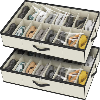 homyfort Under Bed Shoe Storage Organizer for Closet Fits 24 Pairs-Sturdy Underbed Shoe Storage Box Bins,Set of 2 (Linen-like Black)