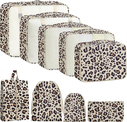 9 Set Packing Cubes for Travel Essentials - Lightweight Carry-On Luggage Organizer Bags with Shoe, Clothes & Laundry Bags for Airplane, Family & Business Travel, Leopard print