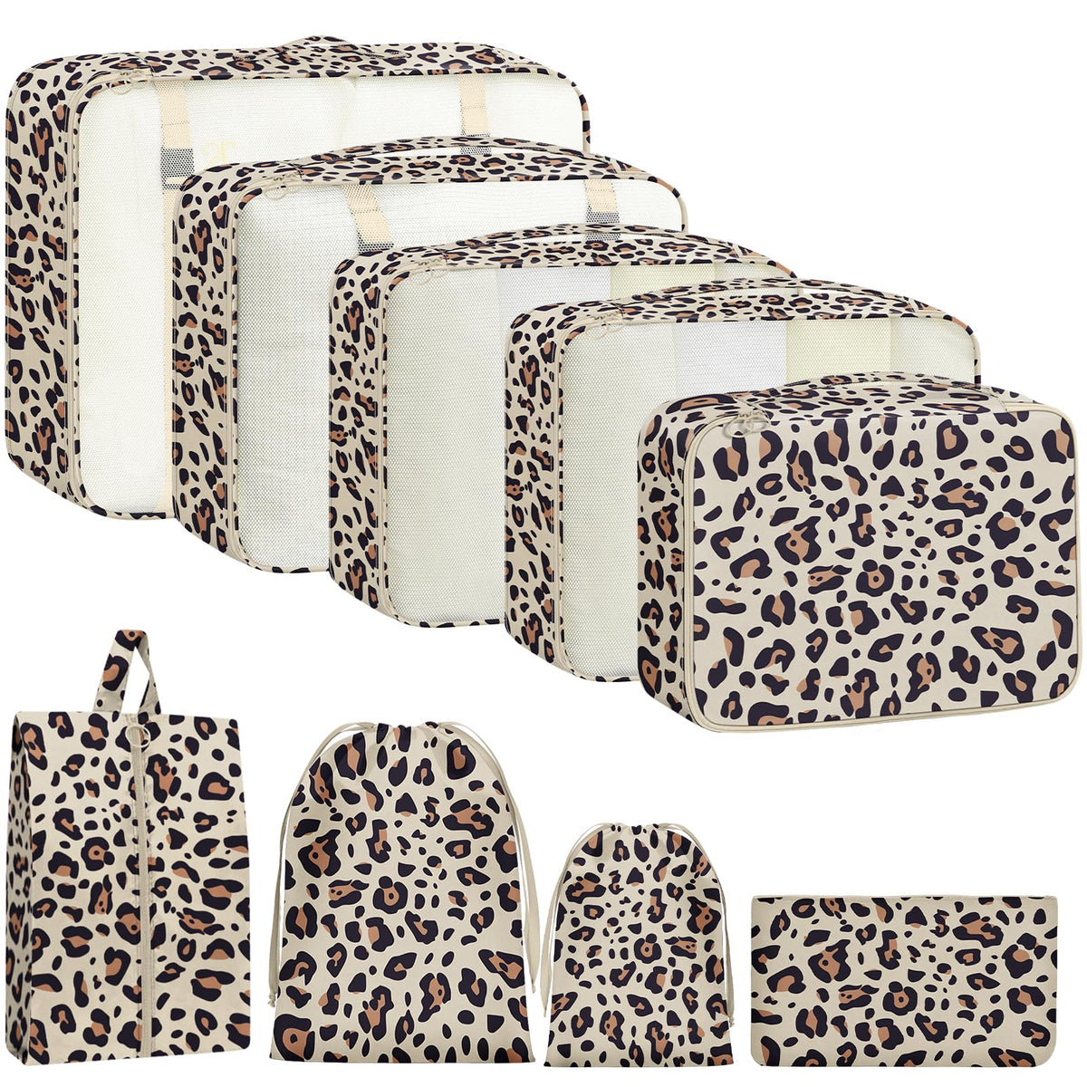 9 Set Packing Cubes for Travel Essentials - Lightweight Carry-On Luggage Organizer Bags with Shoe, Clothes & Laundry Bags for Airplane, Family & Business Travel, Leopard print