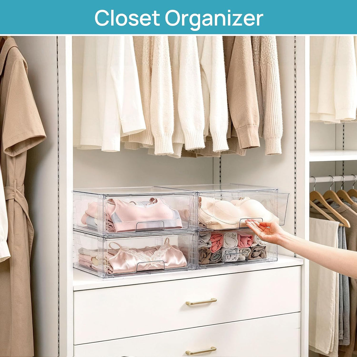 Vtopmart 2 Pack Large Clear Stackable Plastic Storage Drawers for Closet