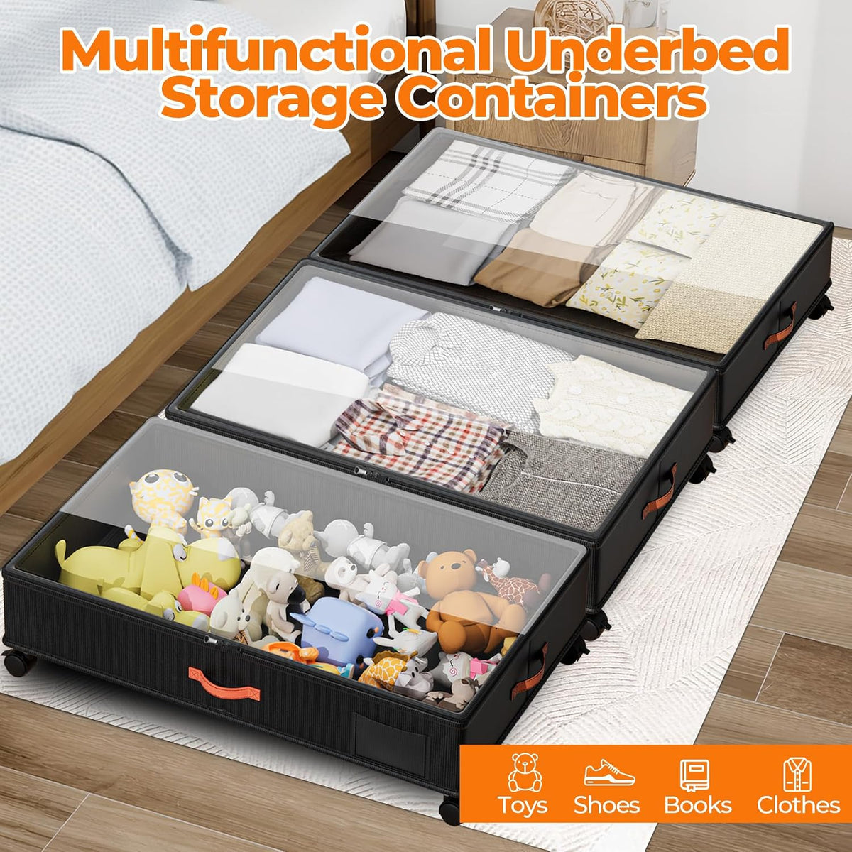 Ashwanth Under Bed Storage with Wheels, 2-Pack, XXL Large, Black