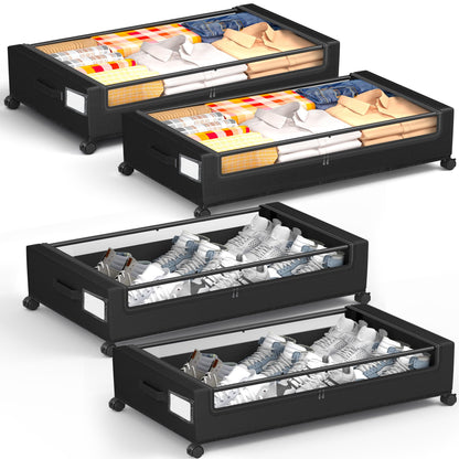 Under Bed Storage with Wheels, Square Under Bed Storage Containers, 4 Pack Under The Bed Storage Bins, Under Organizer with Clear Lids-60L Rolling Underbed Storage For Clothes, Shoes...
