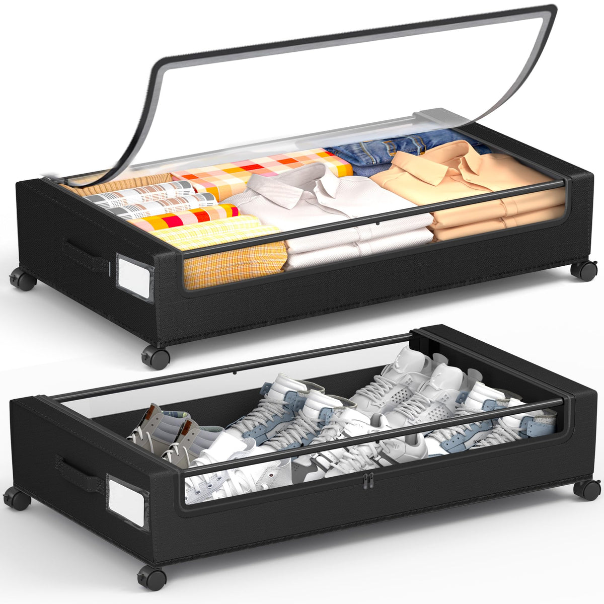 Under Bed Storage with Wheels, Square Under Bed Storage Containers, 4 Pack Under The Bed Storage Bins, Under Organizer with Clear Lids-60L Rolling Underbed Storage For Clothes, Shoes...