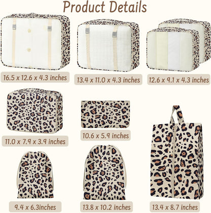 9 Set Packing Cubes for Travel Essentials - Lightweight Carry-On Luggage Organizer Bags with Shoe, Clothes & Laundry Bags for Airplane, Family & Business Travel, Leopard print