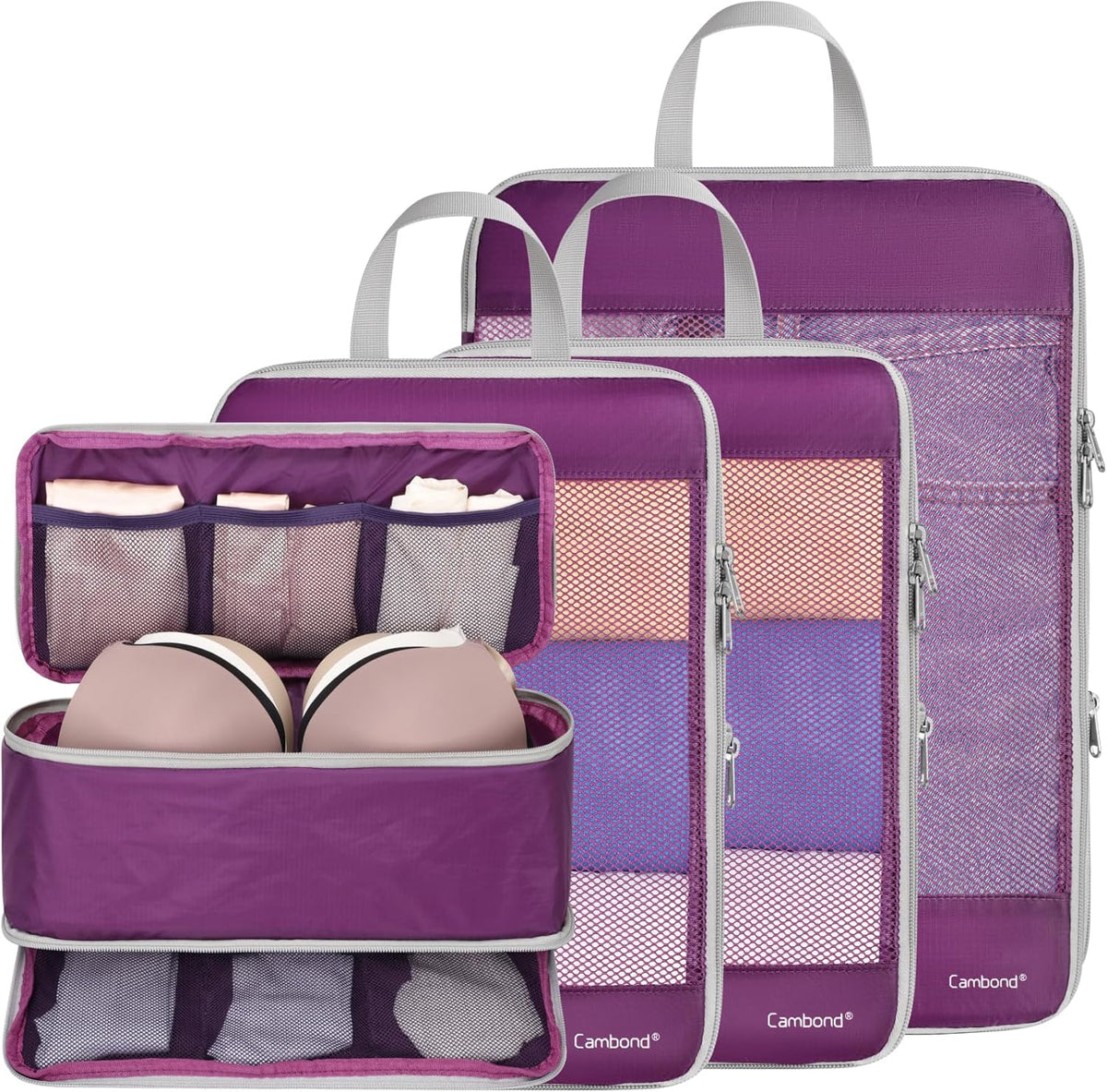 Cambond Mesh Compression Packing Cubes for Travel - 4 Set Organizer, Purple
