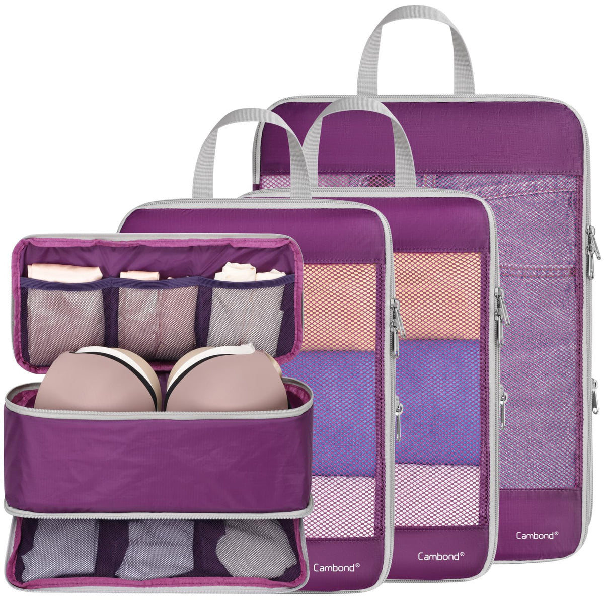 Cambond Mesh Compression Packing Cubes for Travel - 4 Set Organizer, Purple