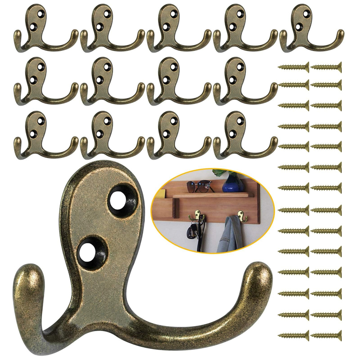 Homanu 14 Pack Black Coat Hooks Wall Mounted Double Prong with 28 Screws