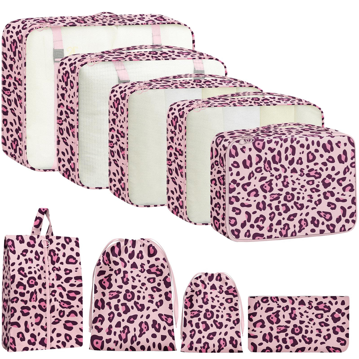 9 Set Packing Cubes for Travel Essentials - Lightweight Carry-On Luggage Organizer Bags with Shoe, Clothes & Laundry Bags for Airplane, Family & Business Travel, Leopard print