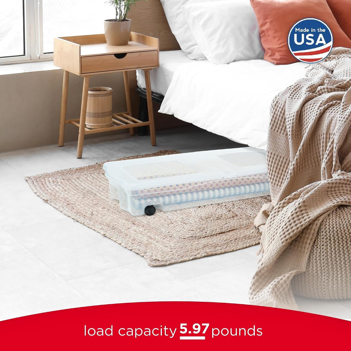 Rubbermaid 68 Quart Under the Bed Low Profile Storage Boxes with Dual Hinged Lids and Easy Rolling Caster Wheels, Clear, 2 Pack