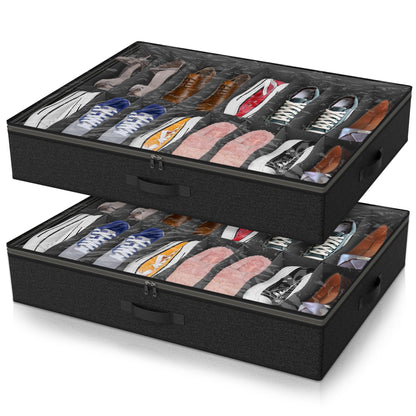 Under Bed Shoe Storage Organizer for Closet, 32 Pairs Sturdy Underbed Shoe Storage Boxes Bins Container Foldable Shoes Storage with Reinforced Handles & Clear Window for College Dorms Grey, Set of 2