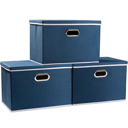 PRANDOM Large Collapsible Storage Bins with Lids [3-Pack] Linen/Cotton Blend Foldable Storage Boxes Organizer Containers Baskets Cube with Cover for Home Bedroom Closet Office Nursery(17.7x11.8x11.8)
