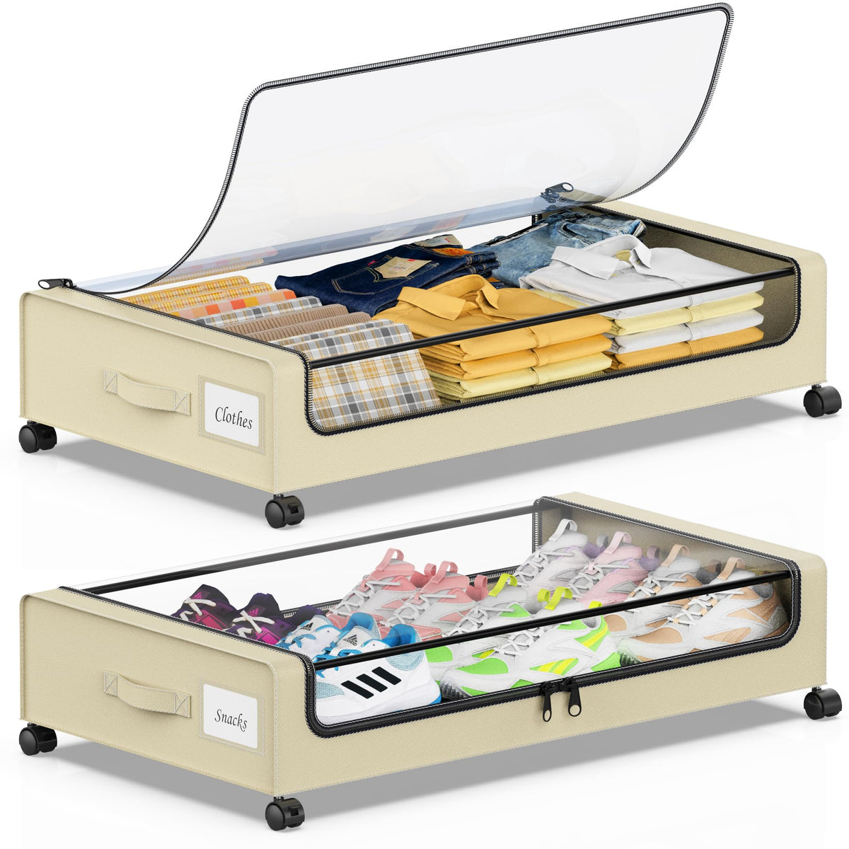 Beborxue Under Bed Storage with Wheels, 2-Pack Under the Bed Storage Containers with Lids, XXL 60L Under Bed Shoes Storage Organizer Bins, Rolling Underbed Storage for Clothes, Shoes, Blankets (Black)