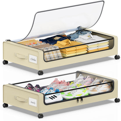 Beborxue Under Bed Storage with Wheels, 2-Pack Under the Bed Storage Containers with Lids, XXL 60L Under Bed Shoes Storage Organizer Bins, Rolling Underbed Storage for Clothes, Shoes, Blankets (Black)
