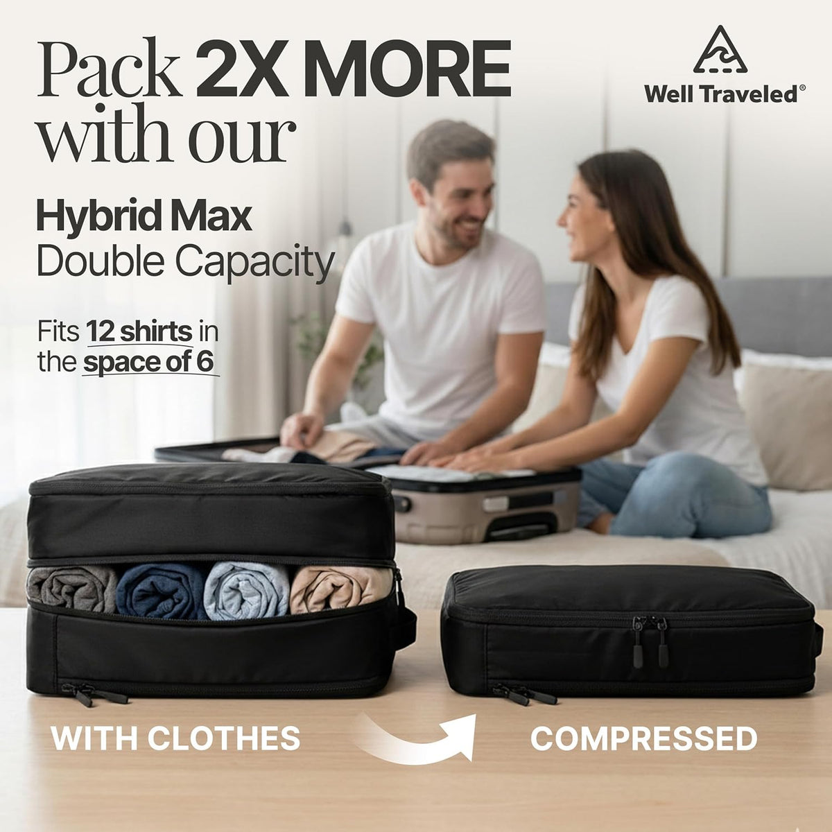 Well Traveled 8 pcs Compression Packing Bags Cubes Set with HybridMax Double-Capacity Design - Packing Cubes for Travel Compression to Maximize Limited Luggage Space, Black