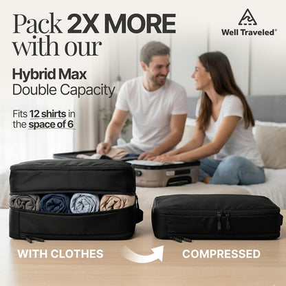 Well Traveled 8 pcs Compression Packing Bags Cubes Set with HybridMax Double-Capacity Design - Packing Cubes for Travel Compression to Maximize Limited Luggage Space, Black