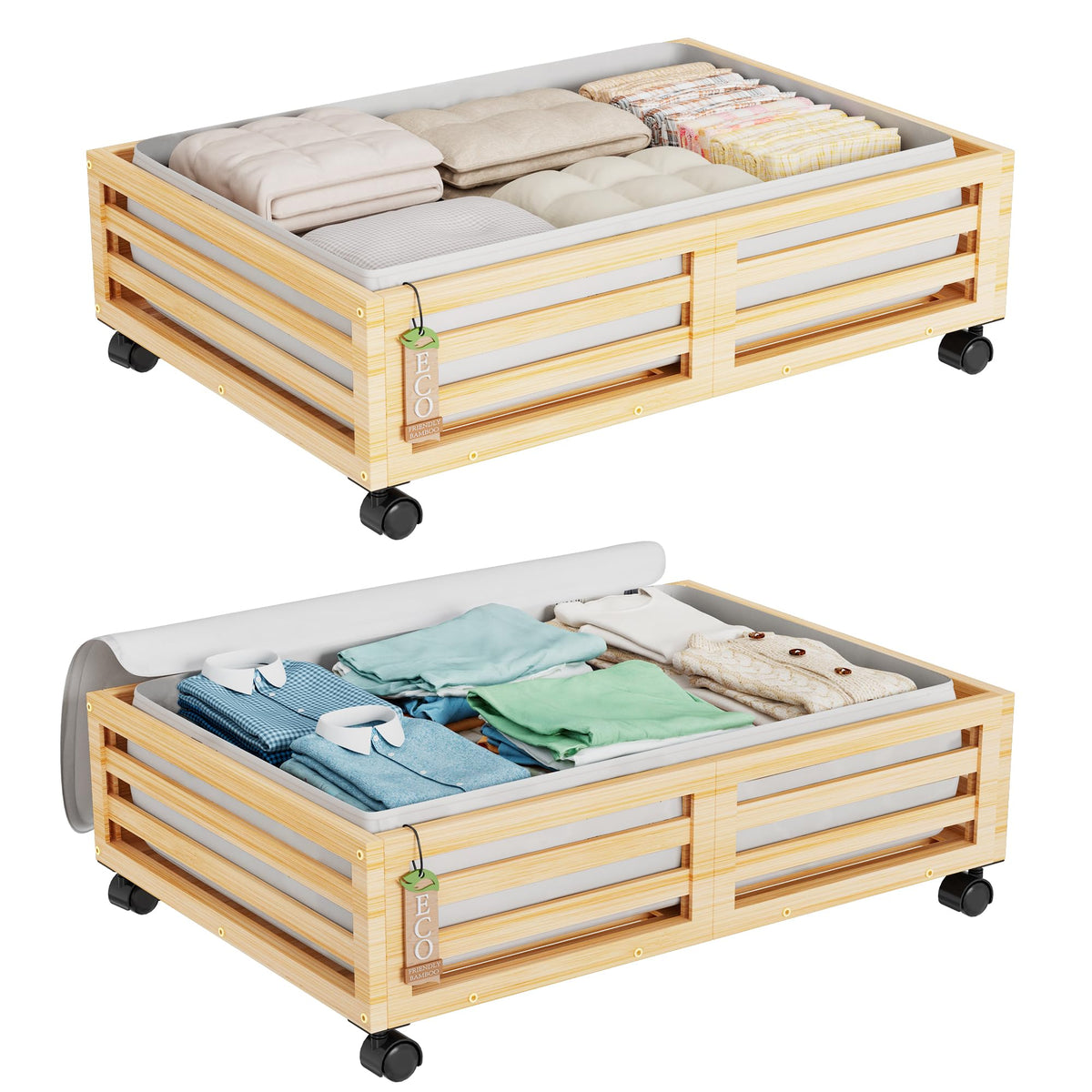 Wisuce 2 Packs Bamboo Under Bed Storage Organizer with Wheels White Small