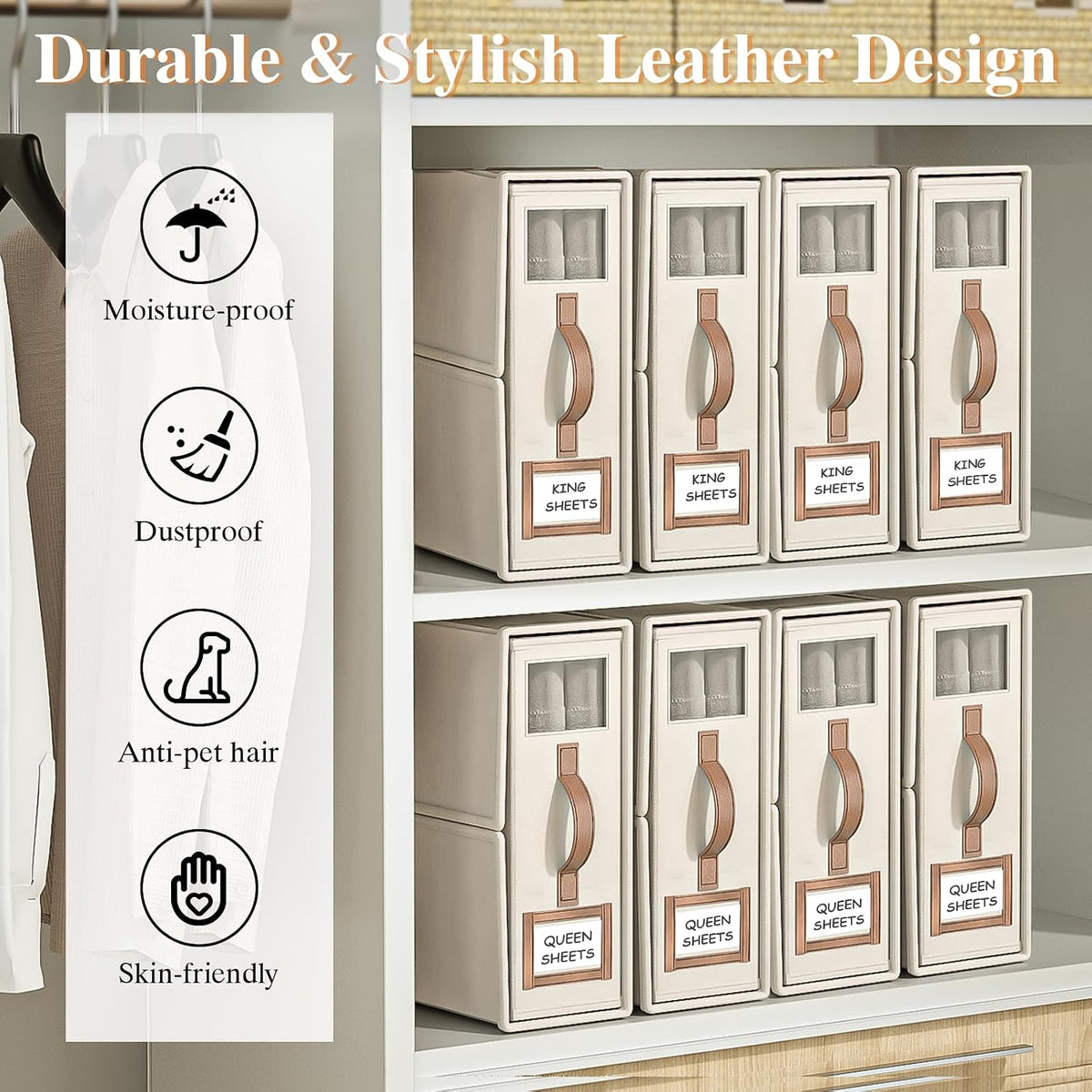 8 Pack Foldable Bed Sheets Set Organizers and Storage(King & Queen Size),Linen Fabric Closet Organizers with Window,Folding Bedding Storage Box for Bedsheets and Pillow Cube Organizer-Beige