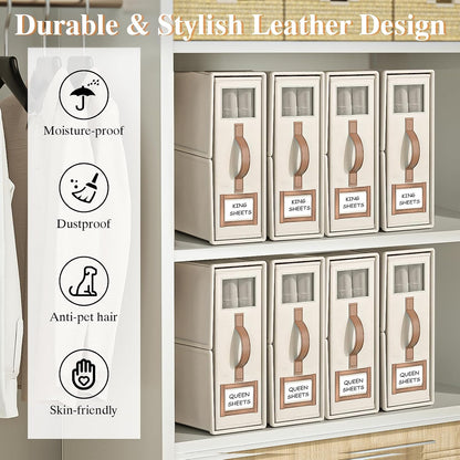 8 Pack Foldable Bed Sheets Set Organizers and Storage(King & Queen Size),Linen Fabric Closet Organizers with Window,Folding Bedding Storage Box for Bedsheets and Pillow Cube Organizer-Beige