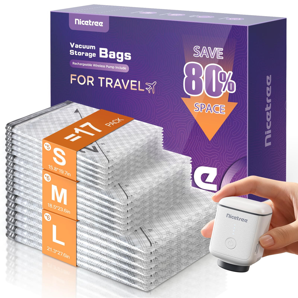 Nicetree 18 Pack Vacuum Storage Bags for Travel with Rechargeable Pump