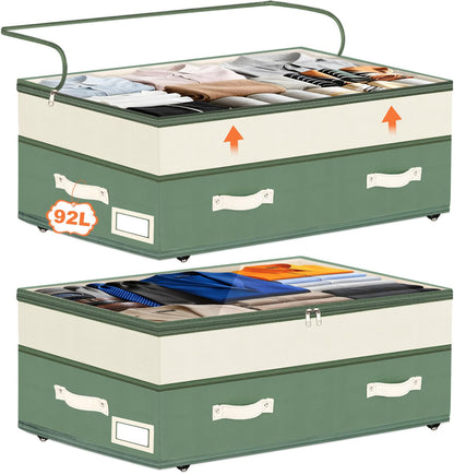 Dolicer 2 Pack Under Bed Storage with Wheels, 6in-10in Height Adjustable Underbed Storage Containers, 92L XXXL Under Bed Drawers Rolling Bin with Clear Lids for Dorm Shoes Clothes Organizers(Grey)