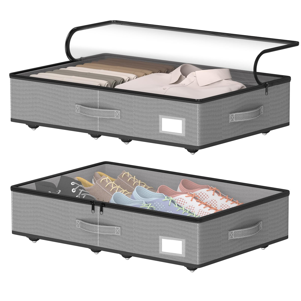 EE-RoomWorld Under Bed Storage with Wheels, No Assemble Required 5.5 inches height beige under bed storage bins,Low Profile Rolling Underbed Shoe Storage containers，dorm underbed storage drawers