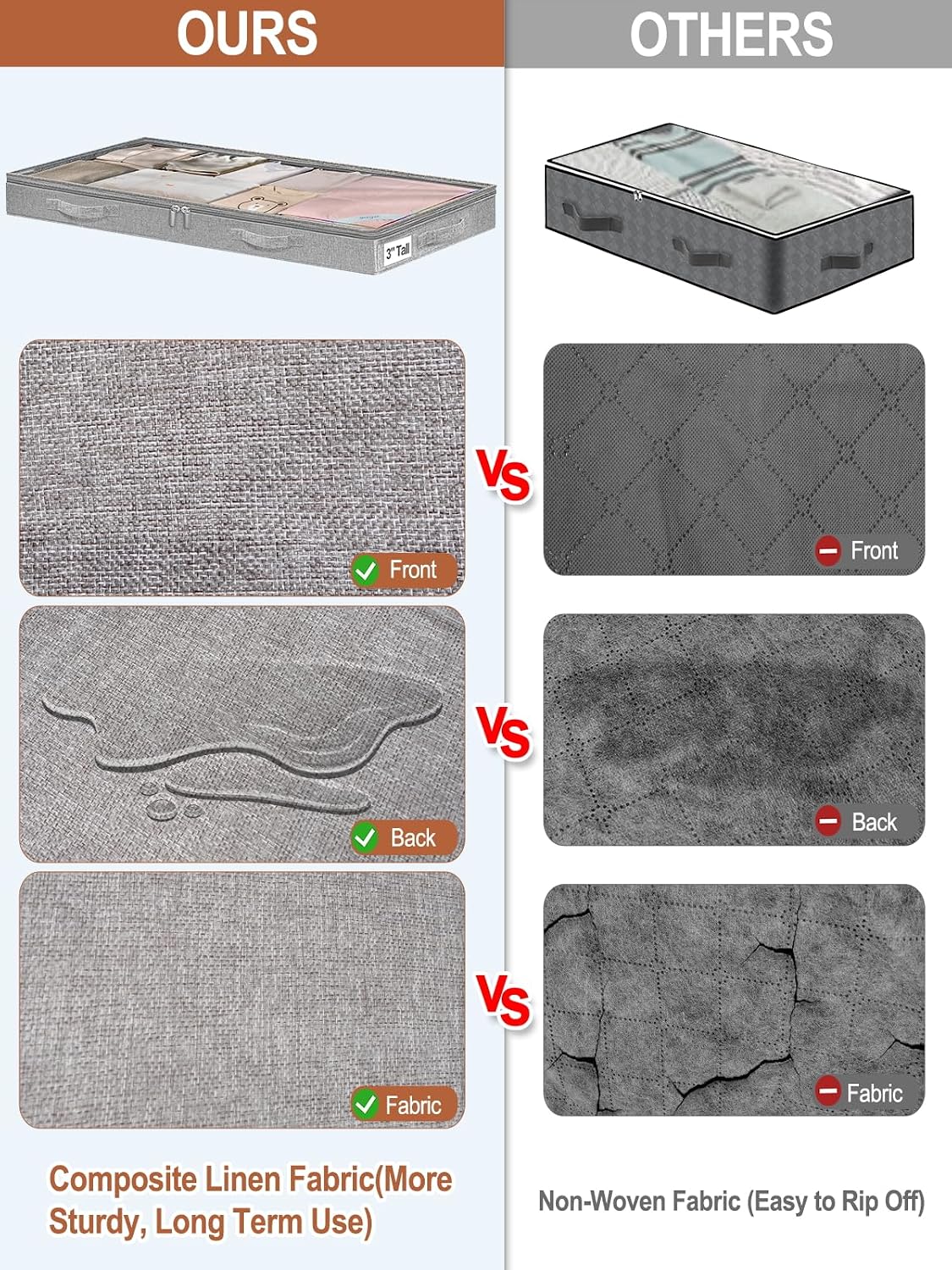 punemi 3 inch High Soft Low Profile Under Bed Storage Bins, 2 Pack, Grey