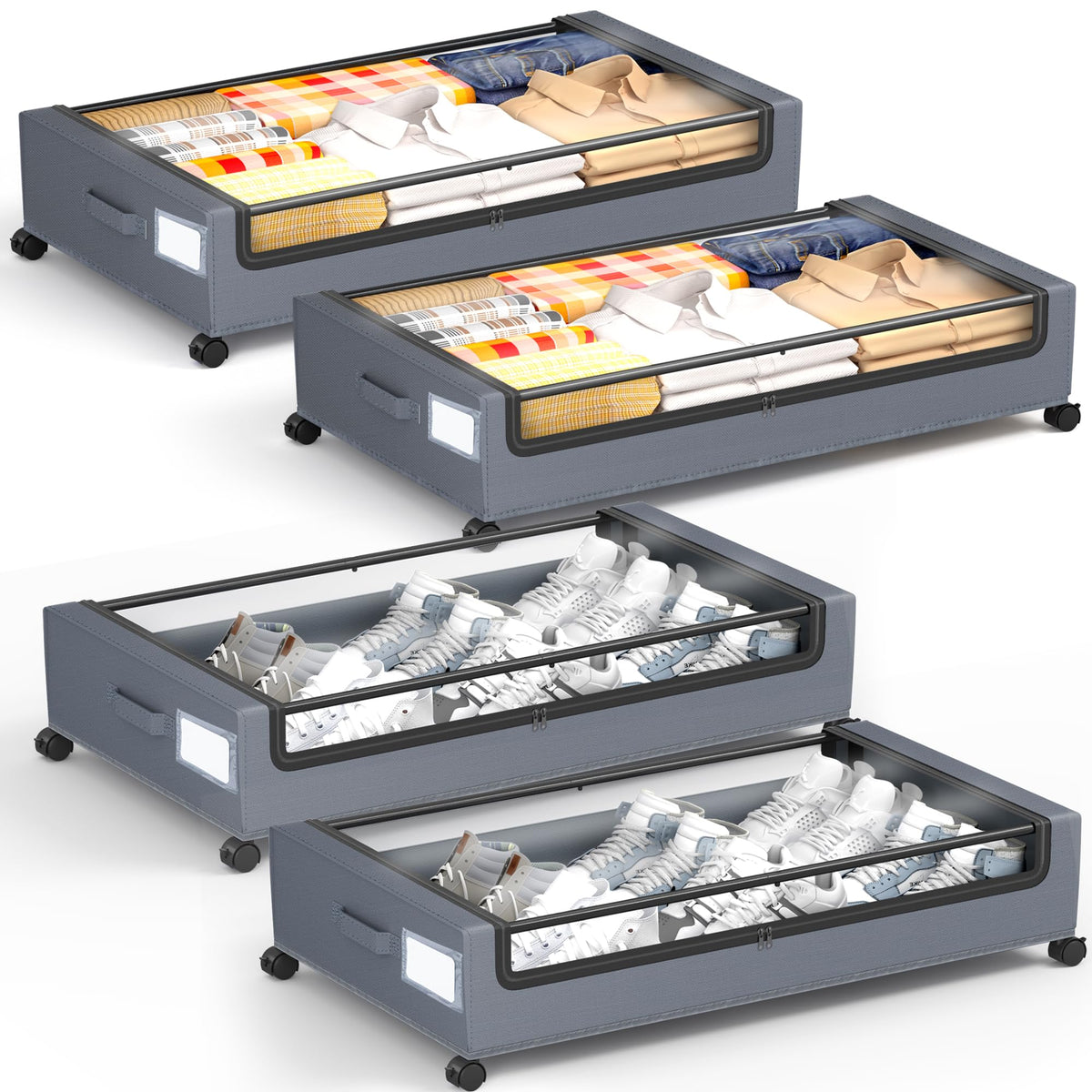 Under Bed Storage with Wheels, Square Under Bed Storage Containers, 4 Pack Under The Bed Storage Bins, Under Organizer with Clear Lids-60L Rolling Underbed Storage For Clothes, Shoes...