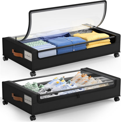 LAMU Under Bed Storage with Wheels, 2Pack Underbed Storage Containers,Black