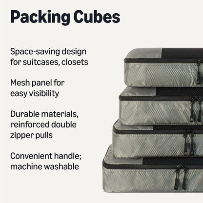 Amazon Essentials 4-Piece Packing Cubes Travel Accessories Set, Luggage Organizer, Suitcase Organizer with Double Zipper, Mesh Top, Space-Saving, Large, Gray (Previously Amazon Basics)