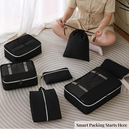 7Pc Packing Cubes for Travel & Storage, Zipper & Drawstring Bags Set, Black