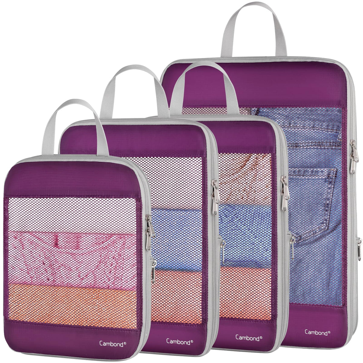 Cambond Mesh Compression Packing Cubes for Travel - 4 Set Organizer, Purple