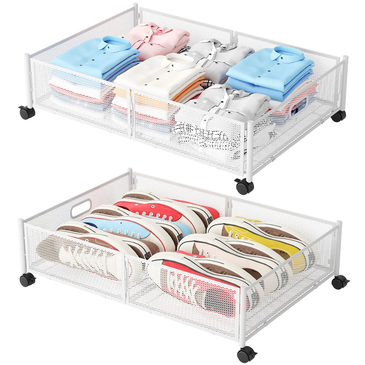 Gawerk Under Bed Storage with Wheels, Foldable Metal Mesh Underbed Storage Container Bins, Tool-free Assembly Clothes Drawer Organizer,2Pack