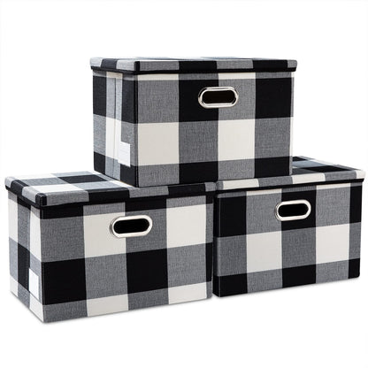 PRANDOM Large Collapsible Storage Bins with Lids [3-Pack] Linen/Cotton Blend Foldable Storage Boxes Organizer Containers Baskets Cube with Cover for Home Bedroom Closet Office Nursery(17.7x11.8x11.8)
