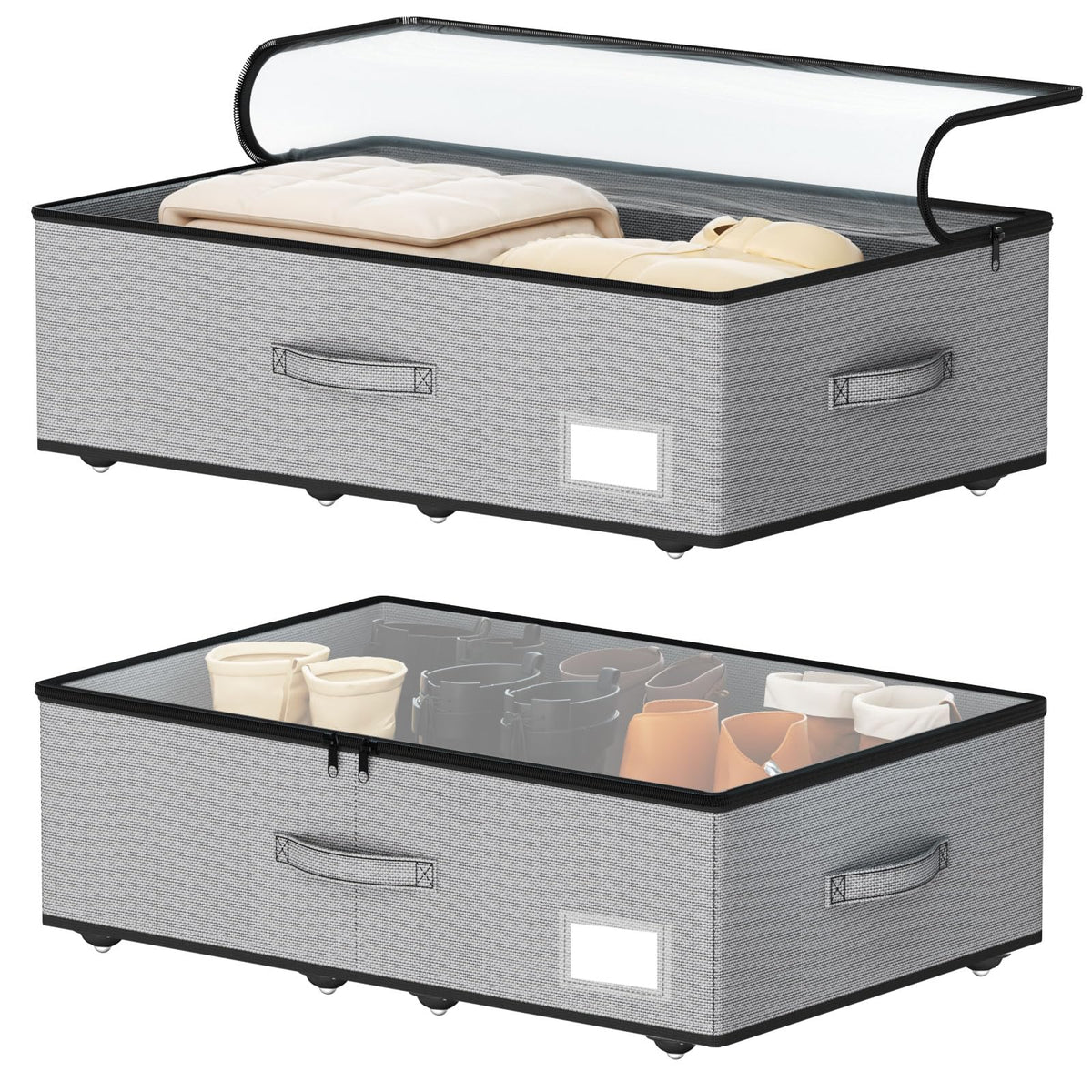 EE-RoomWorld Under Bed Storage with Wheels, No Assemble Required 5.5 inches height beige under bed storage bins,Low Profile Rolling Underbed Shoe Storage containers，dorm underbed storage drawers