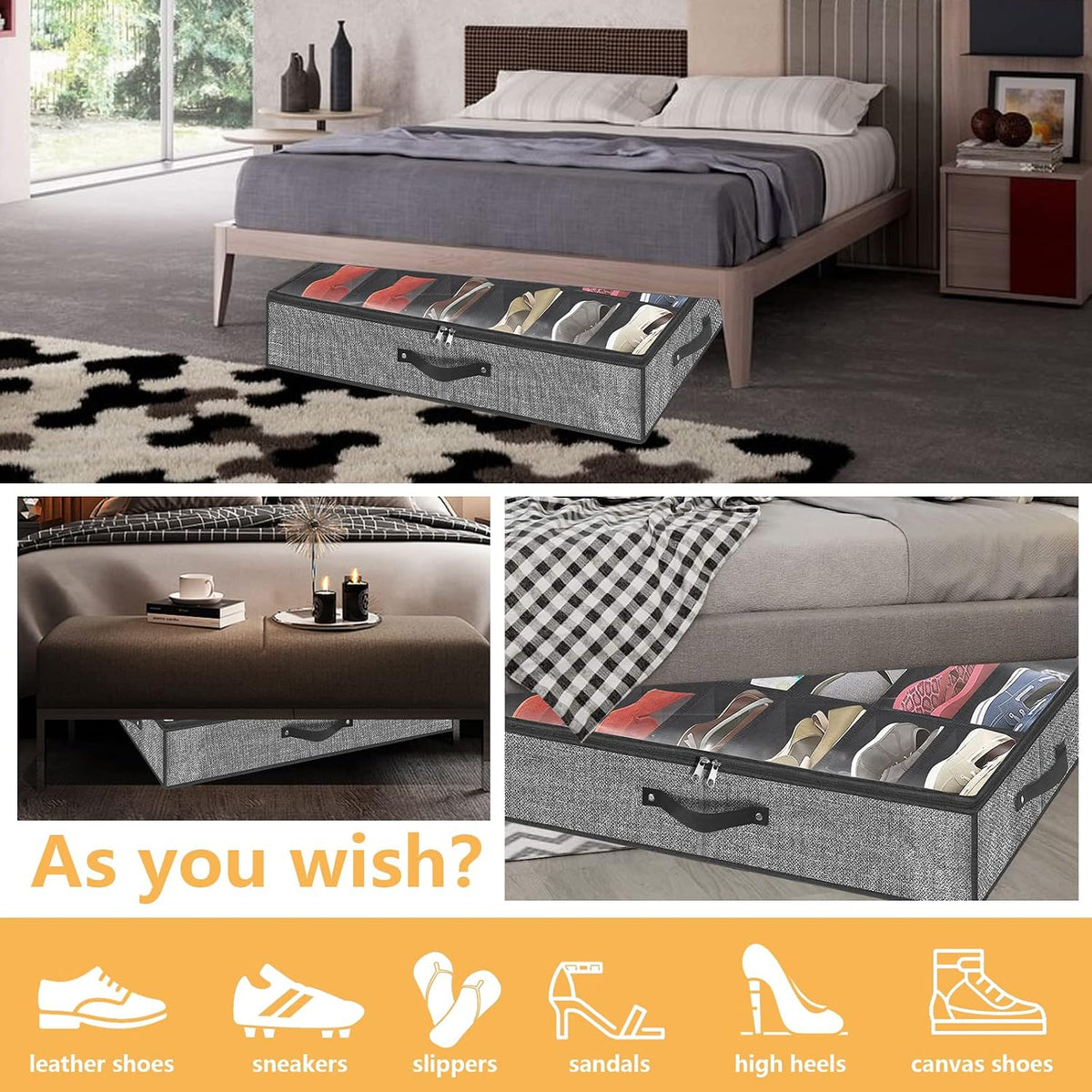 homyfort Under Bed Shoe Storage Organizer for Closet Fits 24 Pairs-Sturdy Underbed Shoe Storage Box Bins,Set of 2 (Linen-like Black)