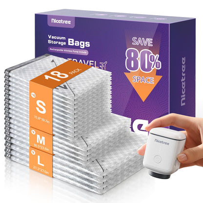 Nicetree 18 Pack Vacuum Storage Bags for Travel with Rechargeable Pump