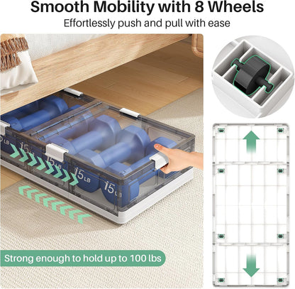Kitstorack Clear Plastic Under Bed Storage Containers Bins with Lids and 8 Pre-installed Wheels,37.8 Qt, Rolling Foldable Flat Under Bed Organizer Boxes for Clothes Shoes Clothing Bedroom