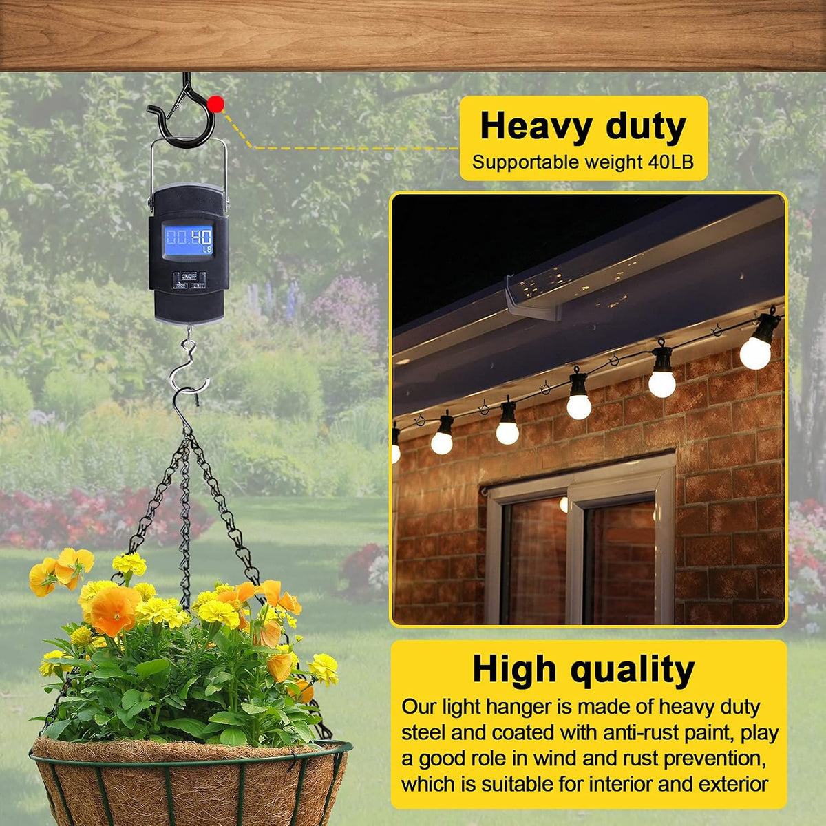 cyrico Hooks for Outdoor String Lights, 52 Pack Screw Hooks for Hanging Plants Led Party Lights Garage Wind Chimes, Black Heavy Duty Q Hanger Ceiling with Safety Buckle, Box and Wing Nut Driver