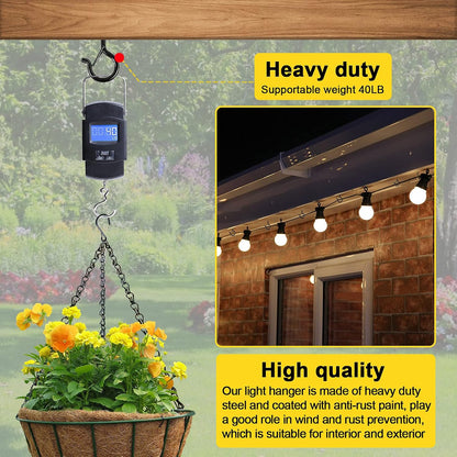 cyrico Hooks for Outdoor String Lights, 52 Pack Screw Hooks for Hanging Plants Led Party Lights Garage Wind Chimes, Black Heavy Duty Q Hanger Ceiling with Safety Buckle, Box and Wing Nut Driver