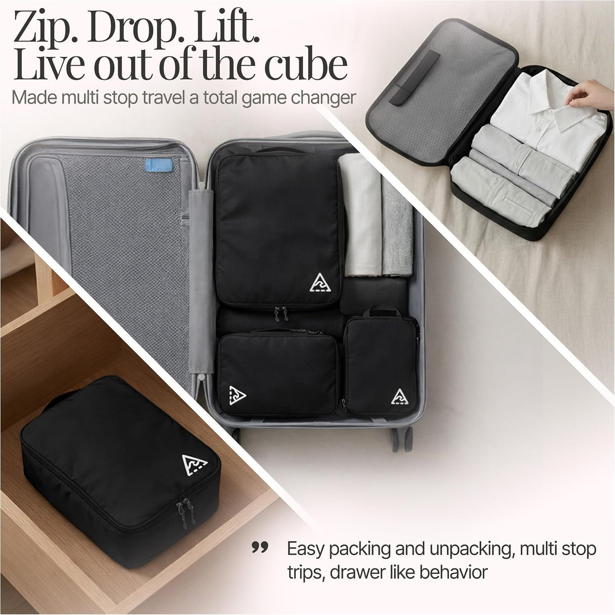 Well Traveled 8 pcs Compression Packing Bags Cubes Set with HybridMax Double-Capacity Design - Packing Cubes for Travel Compression to Maximize Limited Luggage Space, Black