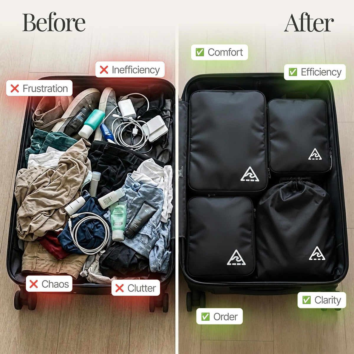 Well Traveled 8 pcs Compression Packing Bags Cubes Set with HybridMax Double-Capacity Design - Packing Cubes for Travel Compression to Maximize Limited Luggage Space, Black