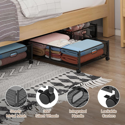 Gawerk Under Bed Storage with Wheels, Foldable Metal Mesh Underbed Storage Container Bins, Tool-free Assembly Clothes Drawer Organizer,2Pack