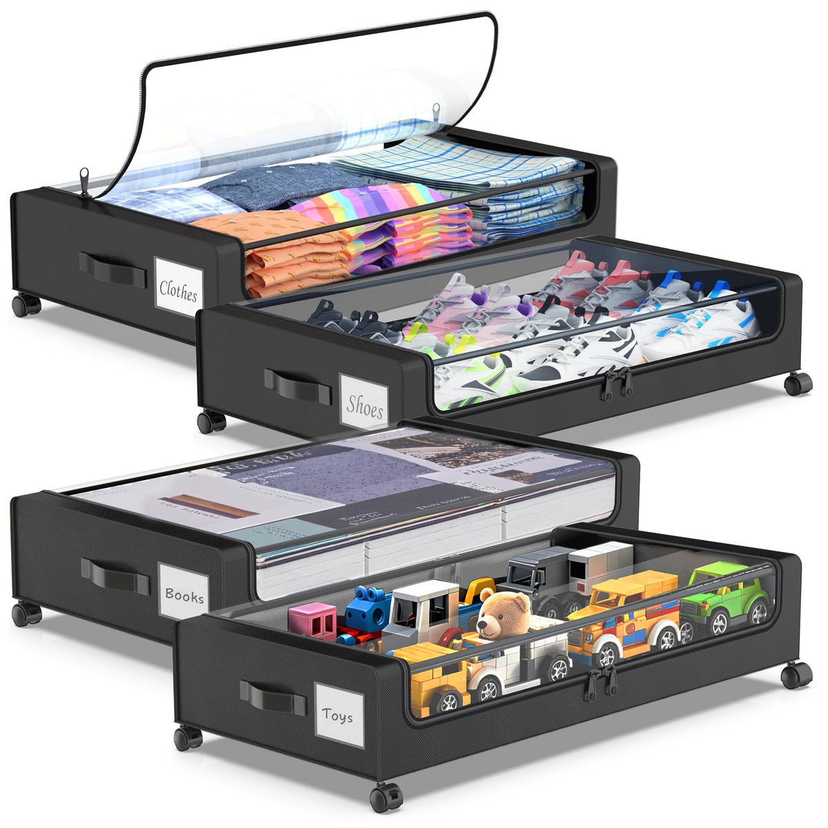 Molutsody Under Bed Storage with Wheels, 2-Pack Underbed Storage Containers with Clear Lids, Under Bed Shoe Storage Organizer, Rolling Under the Bed Storage Bins for Clothes Shoes Blankets (Black)