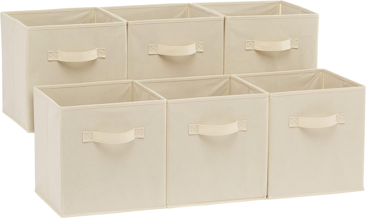 Amazon Basics Collapsible Fabric Storage Cubes Organizer with Handles, Sturdy Storage Bins for Organization, 10.5" x 10.5" x 11", Beige, 6-Pack