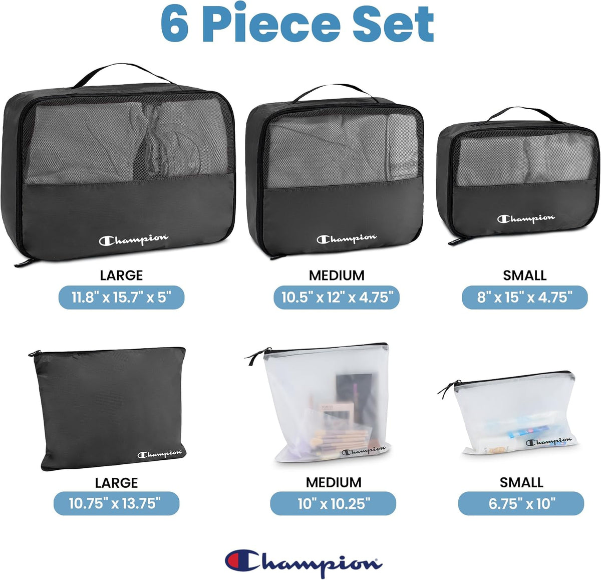 Champion Packing Cubes for Travel - 6 Piece Organizer Set, Carry-On Ready