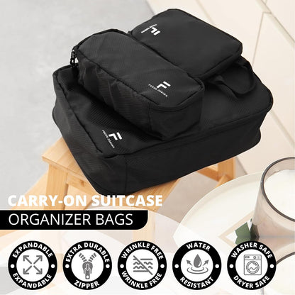 8 Piece Compression Packing Cubes Set - Double Capacity Design for Travel - Small, Medium & Large Sizes - Carry-On Suitcase Organizer Bags (Black)
