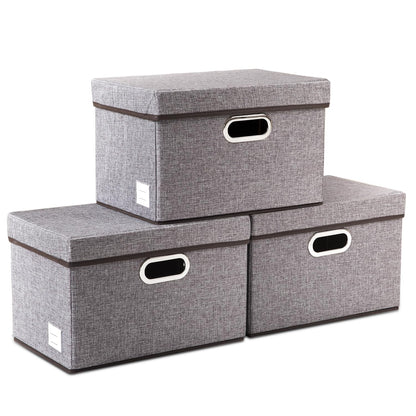 PRANDOM Large Collapsible Storage Bins with Lids [3-Pack] Linen/Cotton Blend Foldable Storage Boxes Organizer Containers Baskets Cube with Cover for Home Bedroom Closet Office Nursery(17.7x11.8x11.8)