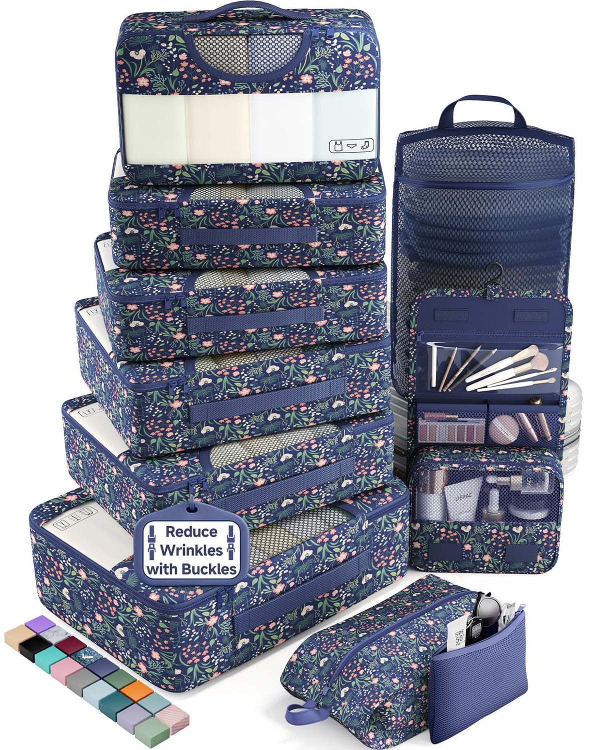 Veken 10 Set/8 Set Packing Cubes for Travel Essentials,Anti-Wrinkle Buckled Suitcase Organizer for Shoe & Toiletry Bag,Carry On Luggage Bag for Airplane & College Dorm Room Accessories,Women Men Gifts